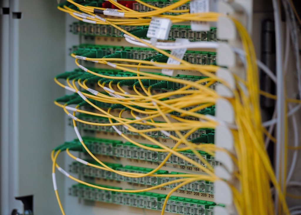 Yellow and green cables are neatly connected
